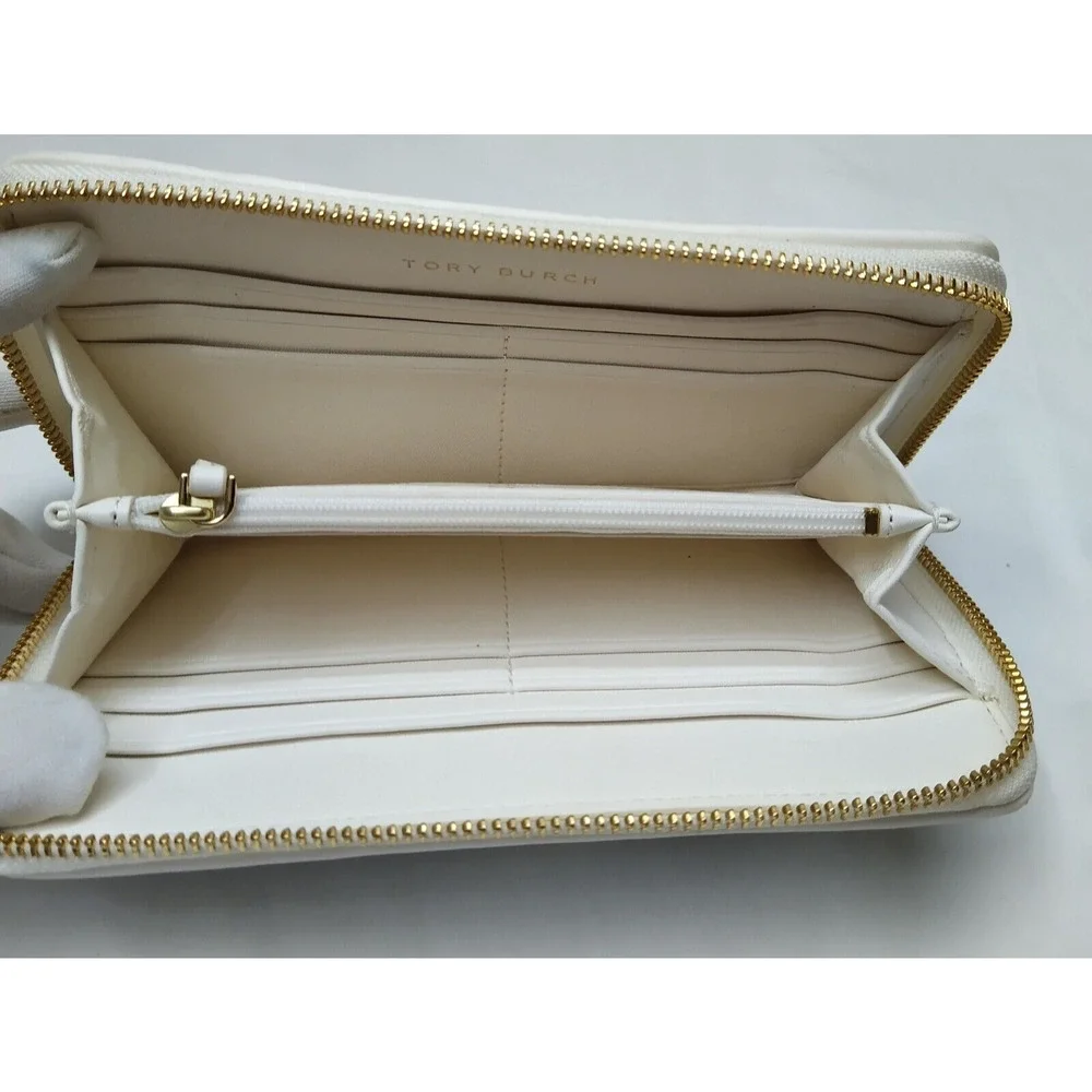 Tory Burch Gemini Ivory Gray Coated Canvas Link Stripe Zip Around Wallet